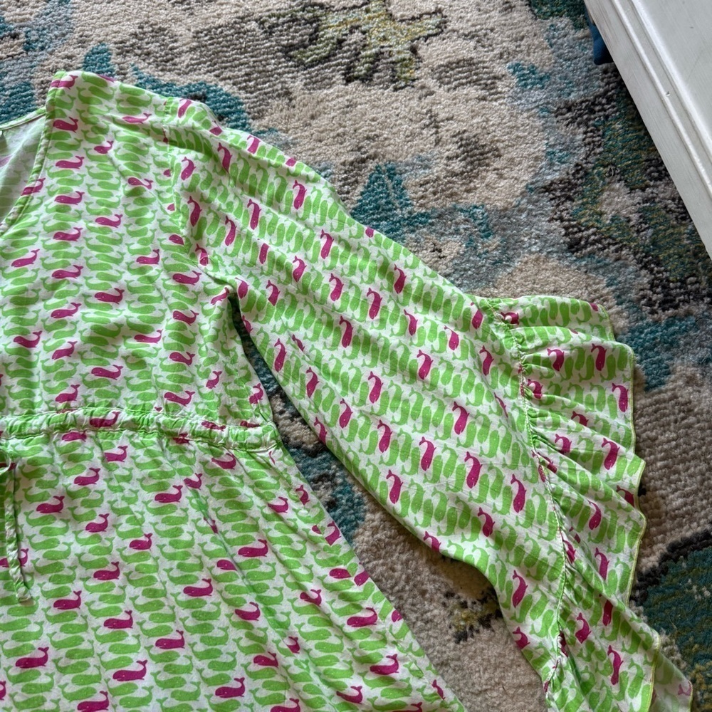 Escapada Beach Green Pink Whale Print Bell Sleeve Tie Waist Tunic Top Small - Picture 5 of 9